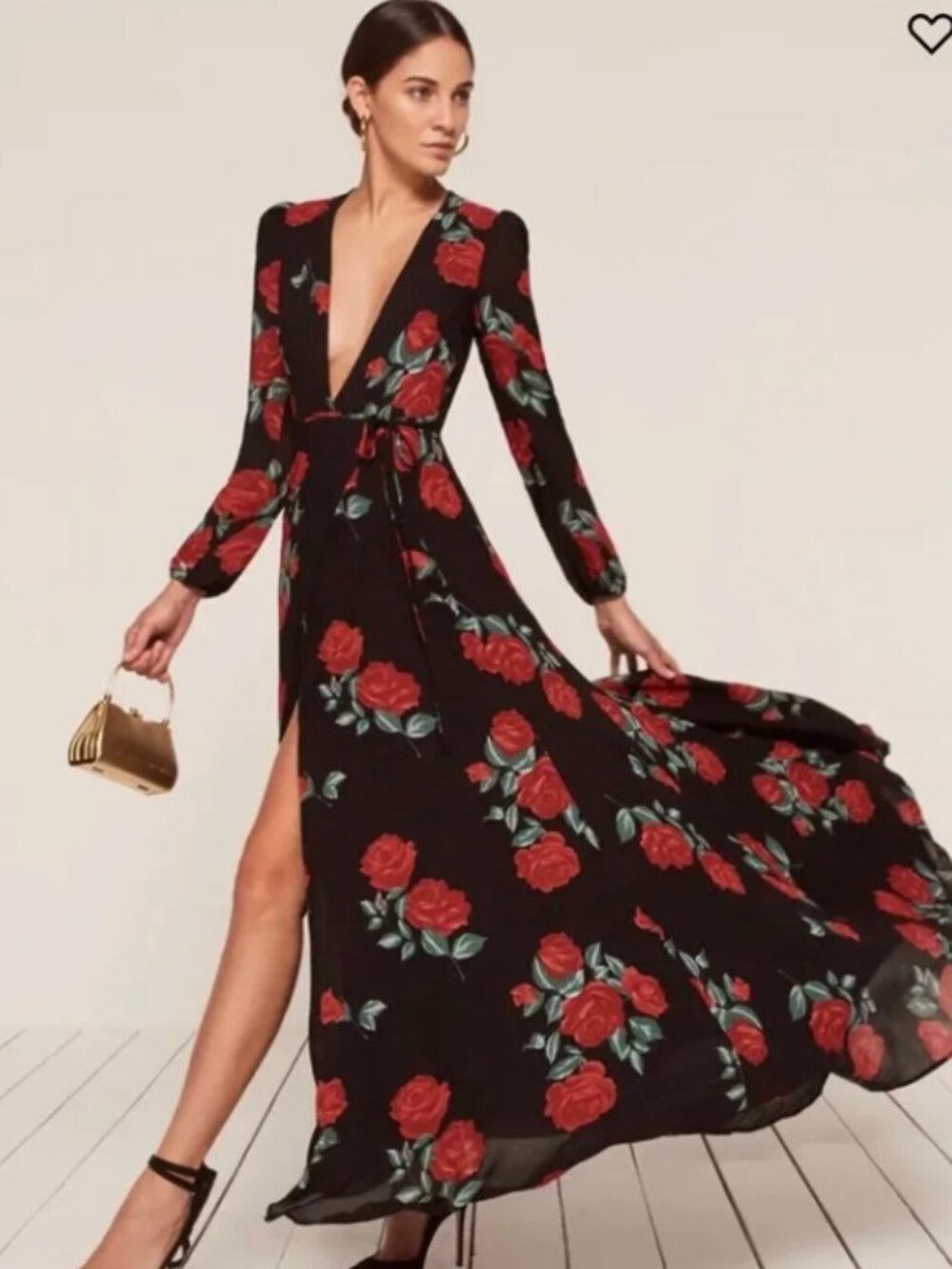🌹 Reformation Milan Rose Floral Maxi Dress Small Black Red Floral Deep V Gown